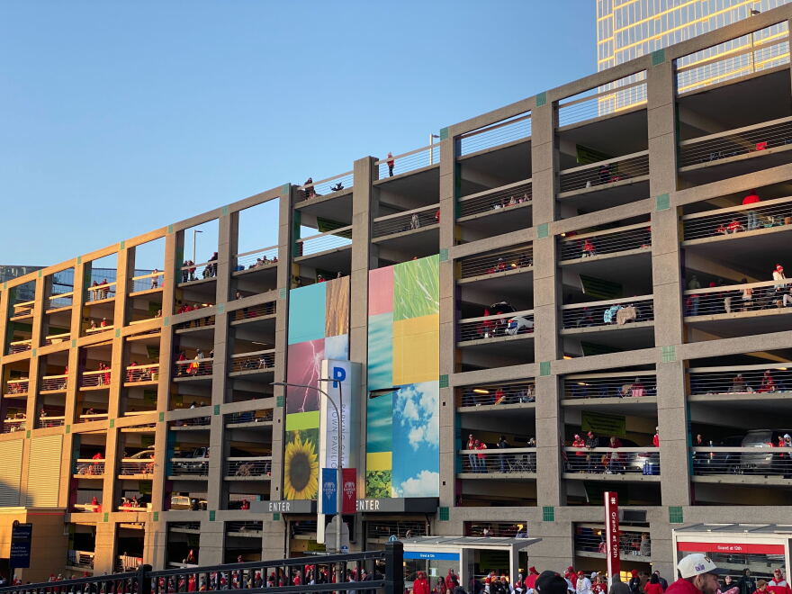 Chiefs fans camped out in a parking garage near 13th and Grand waiting for the parade to start on Feb. 14, 2024.