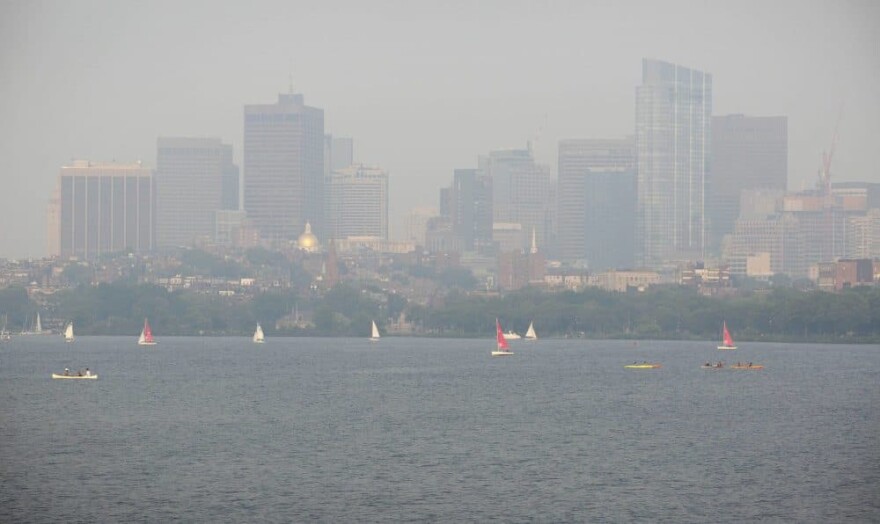 Boston seen through a smoky haze on Monday evening. (Robin Lubbock/WBUR)