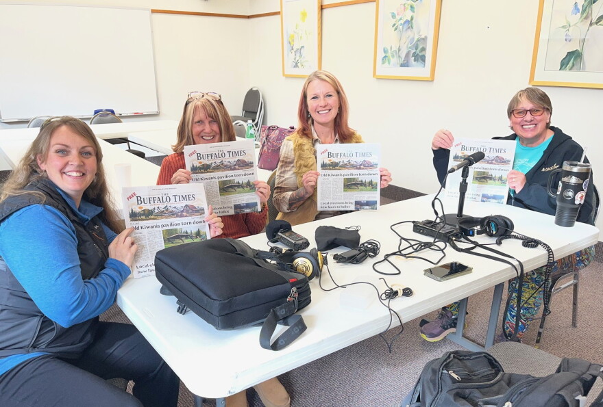 The Buffalo Times staff mugs for the camera after launching their first issue. From left: Lynnelle Buchanan, advertising manager; Michele Trainor, reporter and photographer; Sonya Hartman, graphics and website manager; and editor Denise Wilhelm.