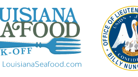 Louisiana Seafood Cook-Off logo is a blue spoon and State of Louisiana Seal