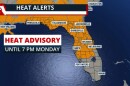 Map shows counties from South Florida to the north under a heat advisory, they're shaded in orange