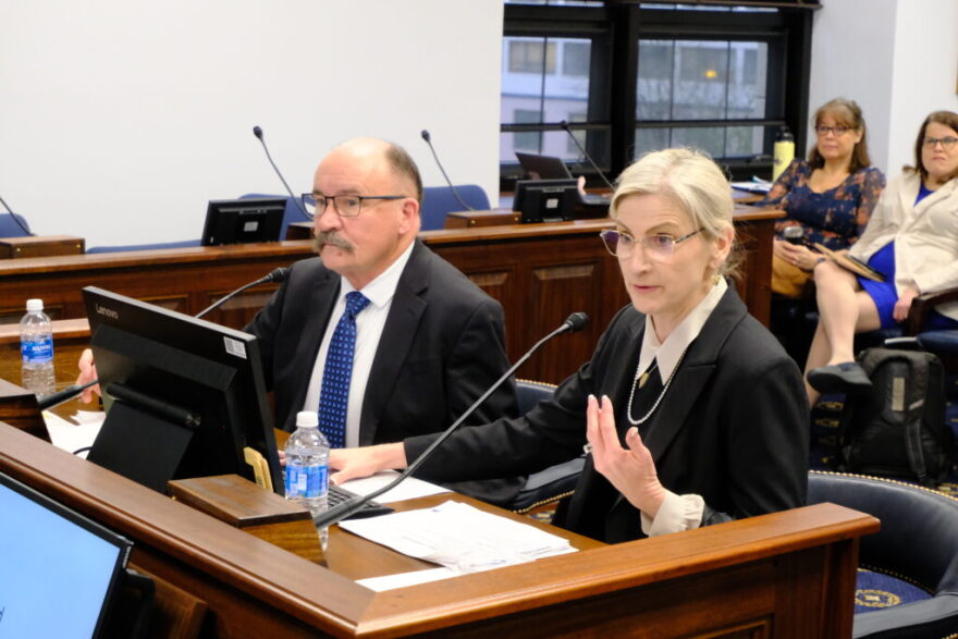 Mt. Edgecumbe Superintendent David Langford (left) and Deena Bishop, commissioner of the Alaska Department of Education and Early Development are seen on Feb. 11, 2026. They testified before several committees of lawmakers on the conditions at the boarding school, after over 100 students disenrolled.
