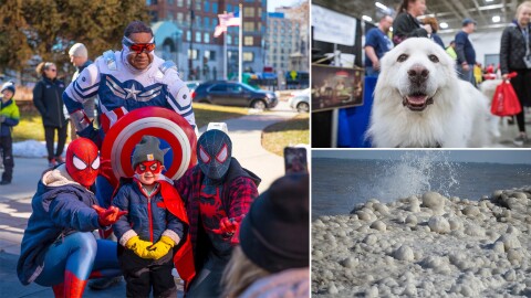 The weekend events include (clockwise from left) superhero skating at Red Arrow Park, the Pet Expo and frozen shoreline fun at Schlitz Audubon Nature Center.