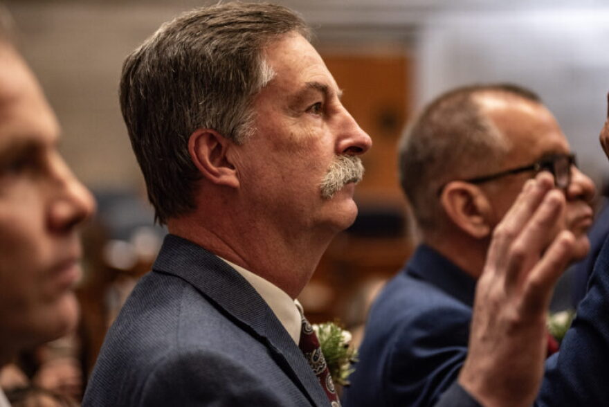 State Sen. Mike Moon, R-Ash Grove, swears into another term in the Missouri Senate Jan. 8, 2025 (Annelise Hanshaw/Missouri Independent).