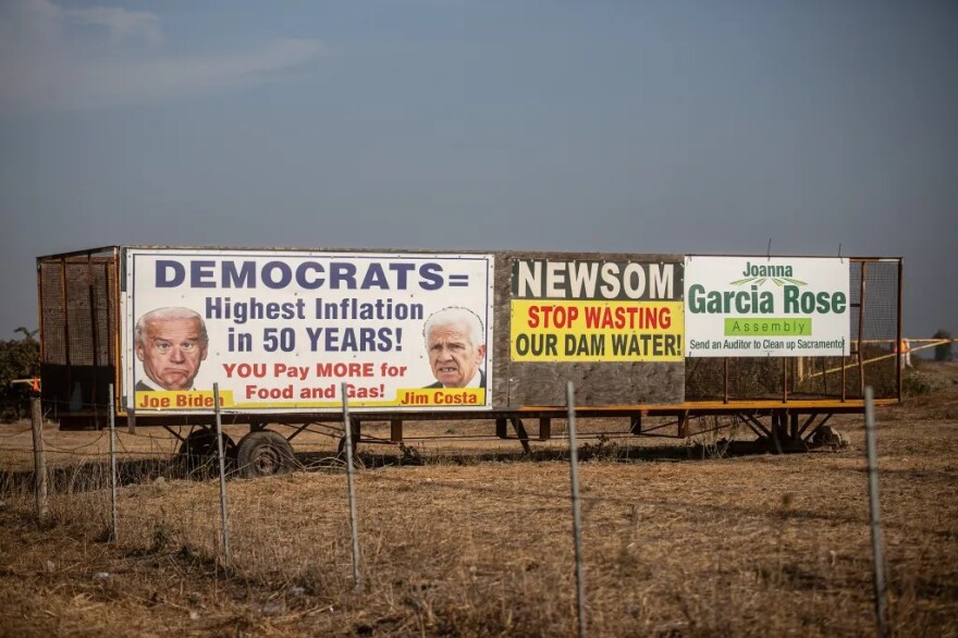 Political signs along Highway 152 leading into Los Banos on Nov. 9, 2024.