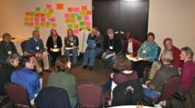 A small group gets the discussion rolling at the Big Rural Brainstorm in Newton, Kan.