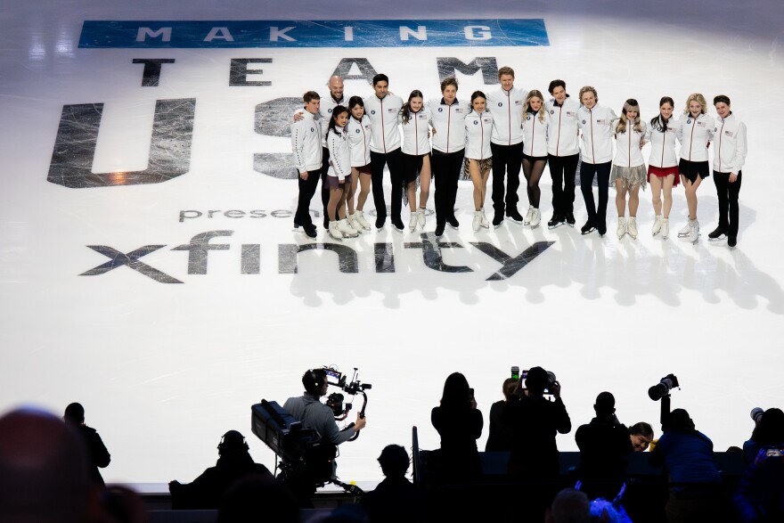 The 2026 U.S. Olympic Figure Skating Team gathers after being named at the Enterprise Center on Sunday, Jan. 11, 2026, in St. Louis’ Downtown West neighborhood.