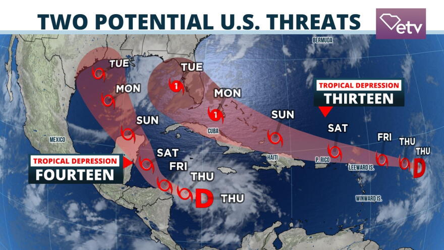 Tropical Depression 13 and 14 Forecast Cones