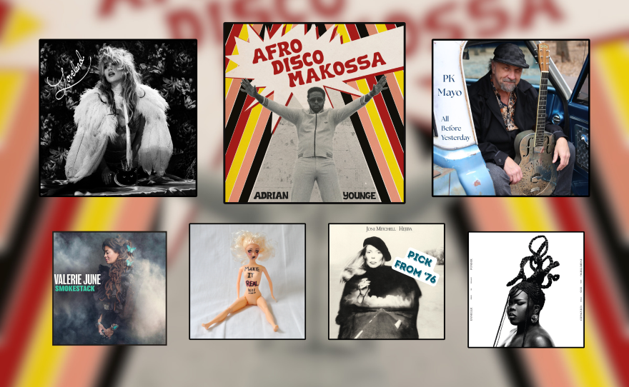 Artwork for seven music releases displayed in black square frames. 