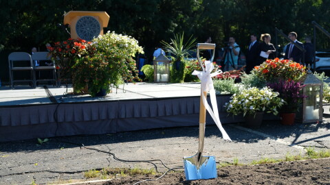 A silver and wood shovel with a white bow is stuck in the brown dirt in front of rises with color flowers around it. 