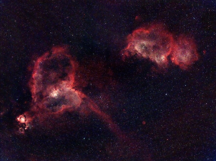 Between Cassiopeia and Perseus in the spiral arm of our Milky Way is the “Heart and Soul”Nebulae, photographed by EAAA member James Schultz here with his 50mm Red Cat telephoto.