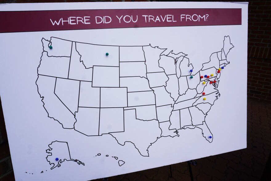 Mara Shuta set up this map of the United States near the train tracks for people to put pushpins showing where they traveled from to see the Big Boy locomotive. 