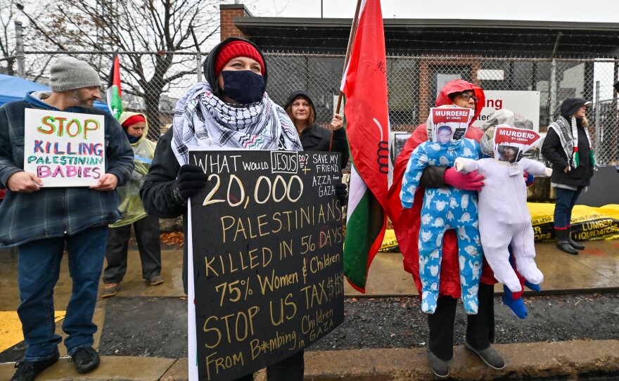 Protesters demonstrate outside the Scranton Army Ammunition Plant to end supplying 155mm artillery to Israel.