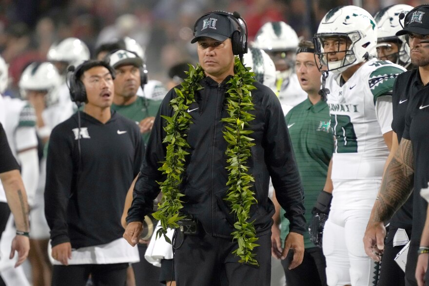 FILE - Hawaiʻi head coach Timmy Chang in the first half during an NCAA football game against Arizona on Saturday, Aug. 30, 2025, in Tucson, Ariz.