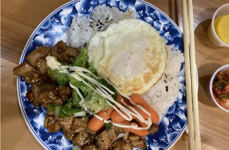 A cafe at the H Mart in Carrollton serves up chicken teriyaki on a bed of rice.