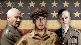 The cover of 'The Generals', depicting Generals' Patton, MacArthur, and Marshall in front of an American Flag