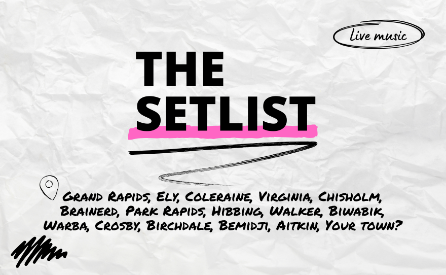"The Setlist" and "Grand Rapids, Ely, Coleraine, Virginia, Chisholm, Brainerd, Park Rapids, Hibbing, Walker, Biwabik, Warba, Crosby, Birchdale, Bemidji, Aitkin, Your town?" written over a crumpled paper background. 