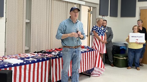 Republican Senate nominee Michael Whatley addresses supporters at the Waynesville Recreation Center on Saturday, July 18, 2026.