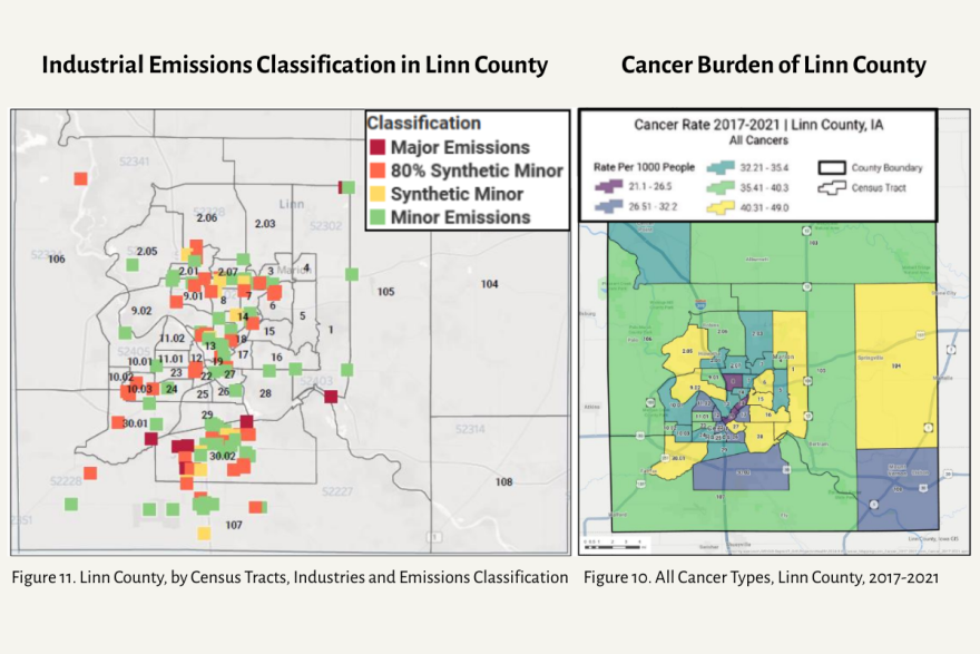 A side-by-side of industrial facilities with emissions and cancer rates of all cancers in Linn County.