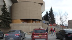 The Sullivan Arena in Anchorage closed as a winter shelter to most of its homeless residents on May 1, 2023. (Wesley Early/Alaska Public Media)