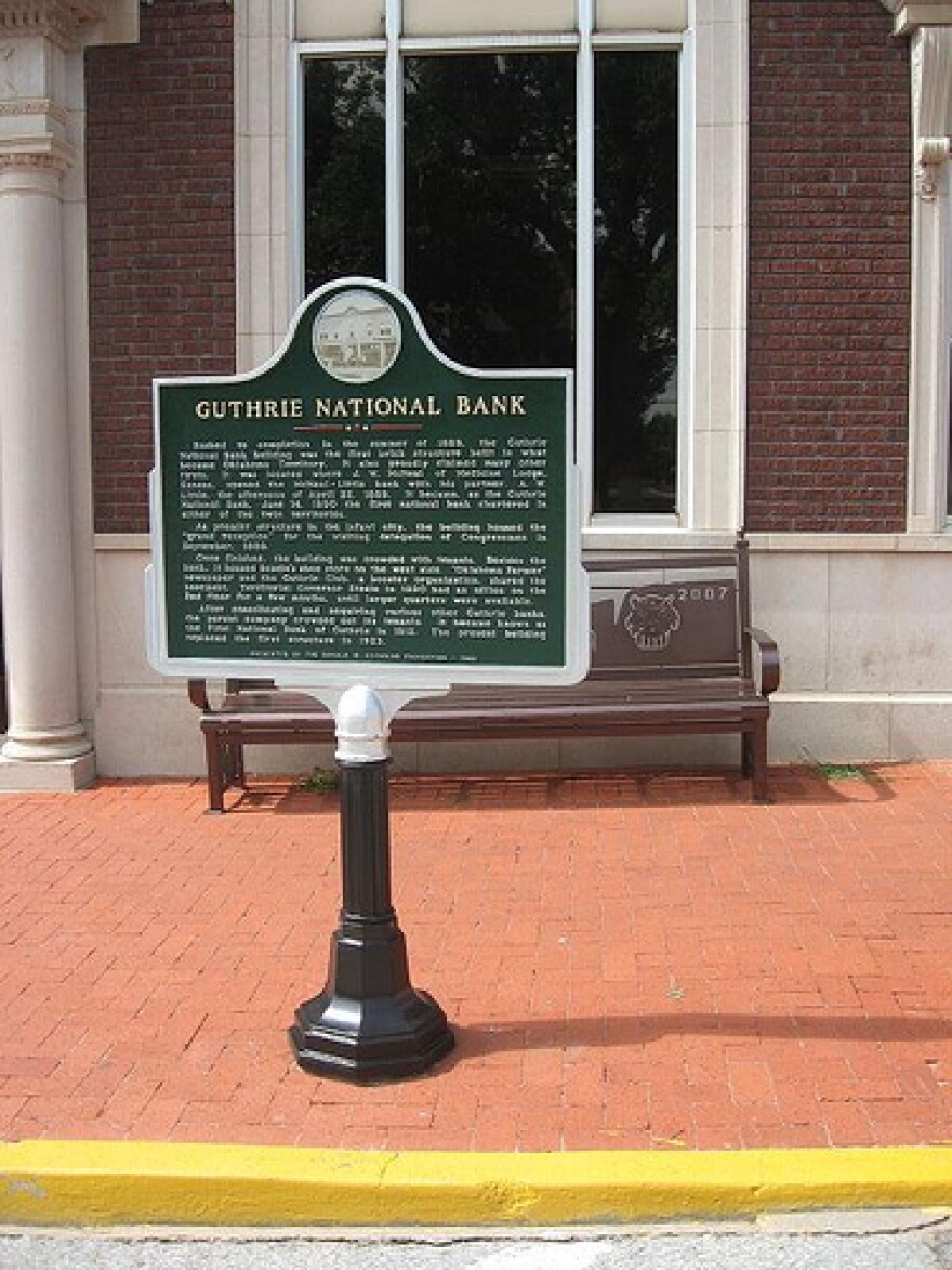 Guthrie National Bank. Rushed to completion in the summer of 1889, the Guthrie National Bank Building was the first brick structure built in what became Oklahoma Territory.
