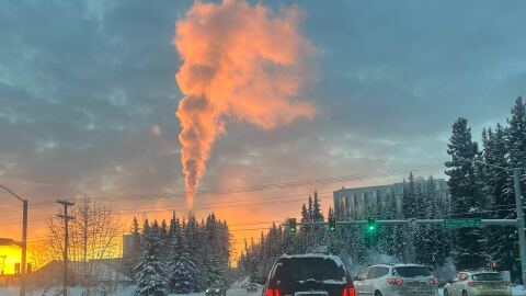 Steam rises from the University of Alaska Fairbanks’ coal-fired power plant on Nov. 13, 2025. The Alaska Division of Environmental Conservation issued its first winter air quality alert for Fairbanks the day before.