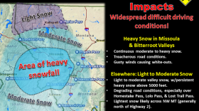 Heavy snow will continue this week across north central Idaho into west central Montana, bringing blowing snow, low visibility, and treacherous driving conditions.