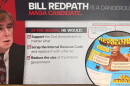 A graphic compiling two mailers. One shows Libertarian candidate for Senate Bill Redpath with the headline "Redpath is a Dangerous MAGA Candidate." It goes on to claim that in the senate, he would support the second amendment no matter what, scrap the internal revenue code and reduce the size of federal government. A second mailer, shown in a circular insert overlaying the first, shows independent socialist Greg Levy under the banner "Join the Revolution." 