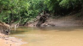 Muddy water flows further down East Cache Creek after the confluence at Ninemile Creek.