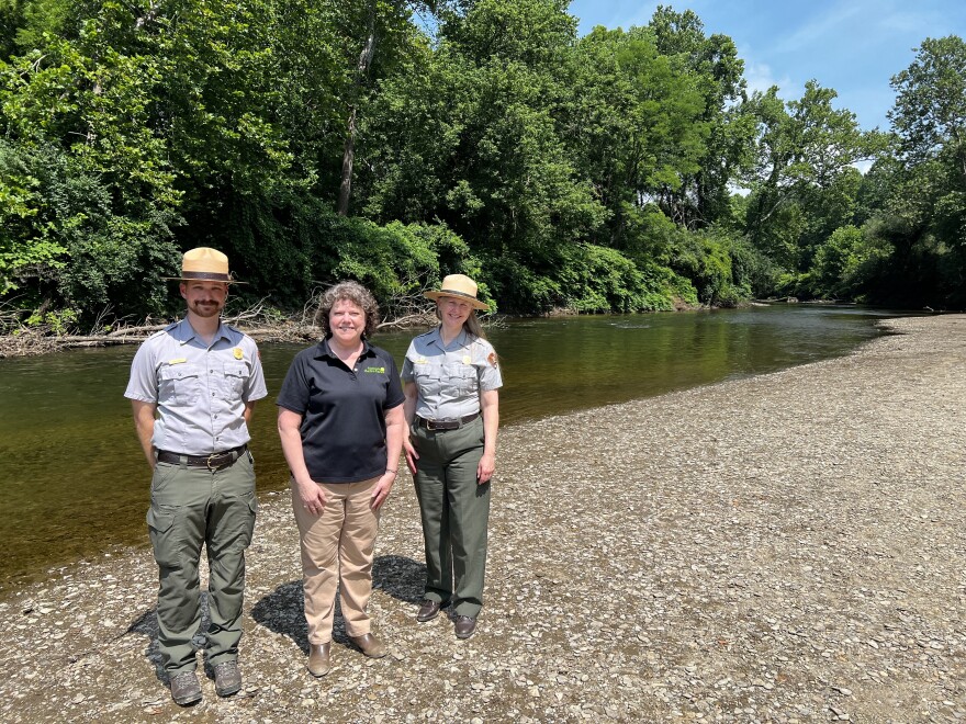 (Left to right) Cuyahoga Valley National Park Interpretive River Ranger Ryan Ainger, Summit Metro Parks Executive Director Lisa King and Cuyahoga Valley National Park Deputy Superintendent Karen Dorn at the new Northampton access point in Cuyahoga Falls on Thursday, July 24th, 2025.