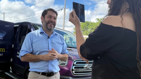 Senator Ruben Gallego, has his photo taken while he campaigns with Eileen Higgins during her campaign for Miami Mayor on Sunday, Dec. 7, 2025 in Miami.