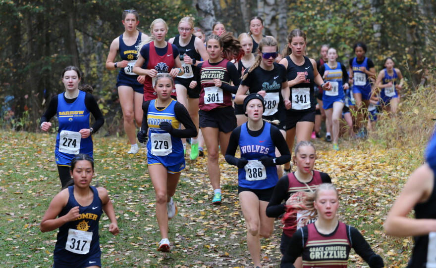Runners compete at the ASAA cross-country running state championships in Anchorage on Oct. 3, 2026.