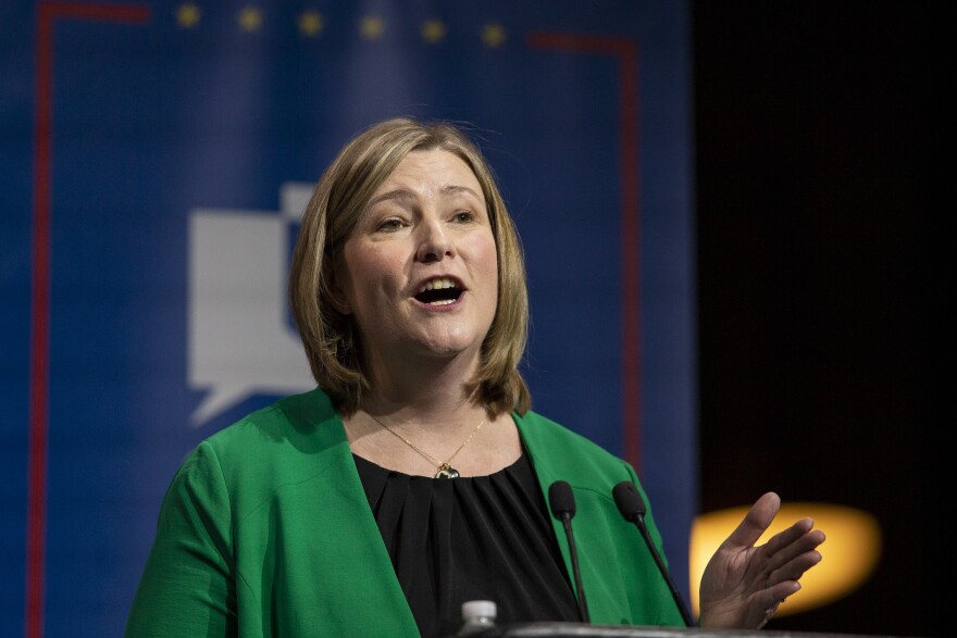 Nan Whaley, former mayor of Dayton, responds to a question in the Ohio Gubernatorial Democratic Primary Debate with John Cranley, former mayor of Cincinnati, at the Paul Robeson Cultural & Performing Arts Center at Central State University in Wilberforce, Ohio, Tuesday, March 29, 2022.