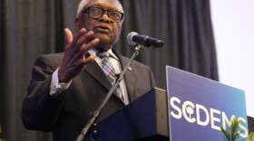 FILE - U.S. Rep. Jim Clyburn, D-S.C., speaks to attendees at the South Carolina Democratic Party's Blue Palmetto Dinner on May 29, 2026, in Columbia S.C. (AP Photo/Meg Kinnard, File)