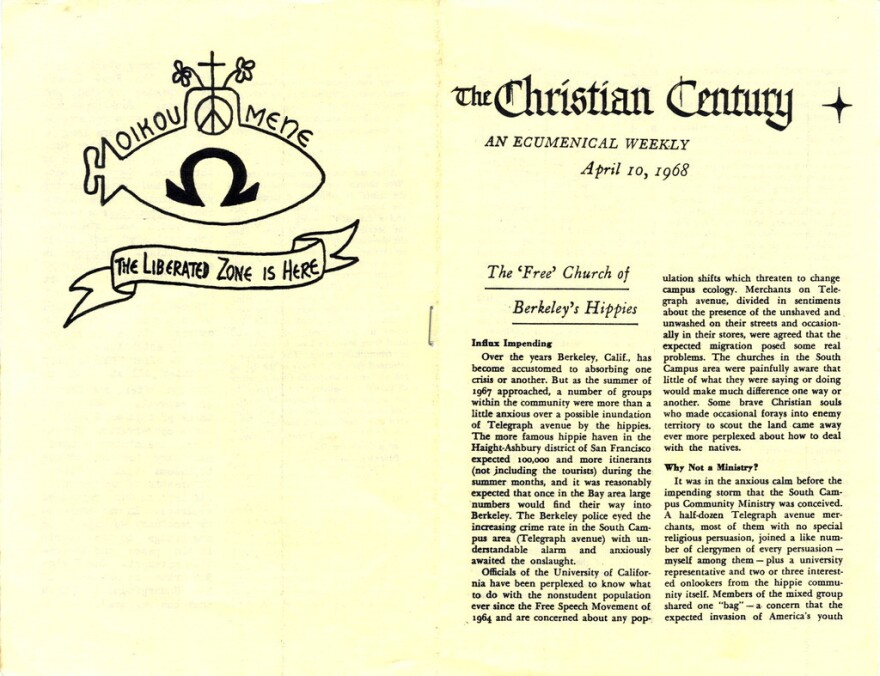 This 1968 flier from the Berkeley Free Church, one of the most well-known submarine churches, shows one of the first printed uses of their submarine emblem. Two articles are also reprinted: Robert A. McKenzie, "The 'Free' Church of Berkeley's Hippies," and Elsie Thomas Culver, "The Hippies' Pastor is Ordained."