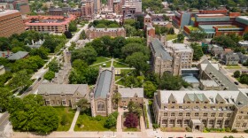 ANN ARBOR, MI - JULY 11,2022: Aerial view of University of Michigan campus is consistently ranks among the highest-rated law schools in the American Heartland and the world.