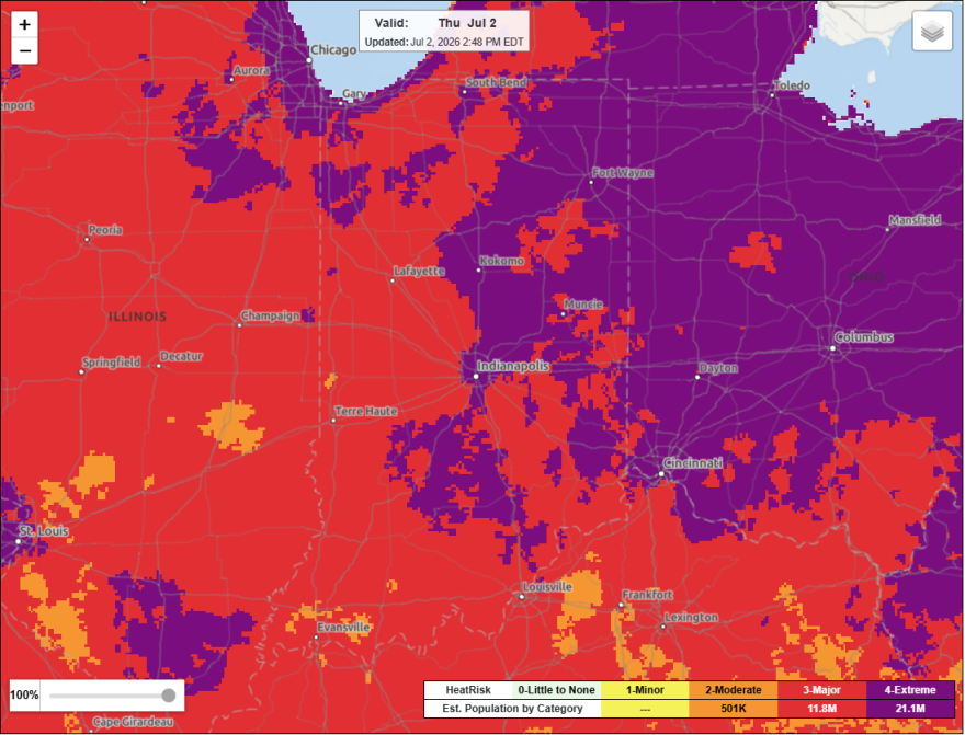 The National Weather Service HeatRisk map shows four levels of heat danger.