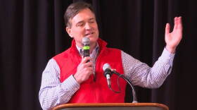 Rep. Luke Messer (R-Shelbyville) speaks to the crowd of state party activists before the straw poll vote.