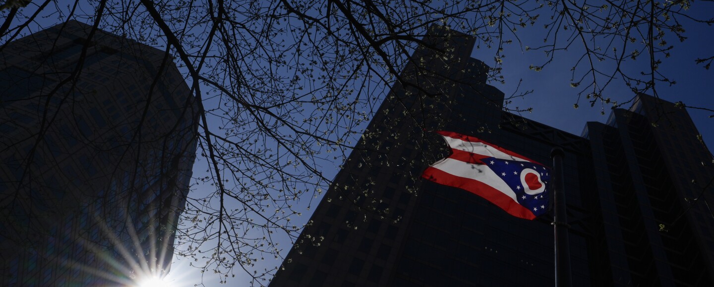 The Ohio burgee, the flag of the state of Ohio, flies across the street from the Ohio Statehouse in Columbus, Ohio, on Monday, April 15, 2024.