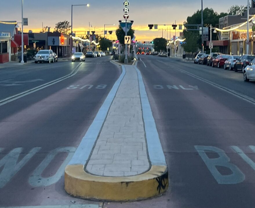 A narrow median on Central Avenue in Nob Hill in Albuquerque, pictured May 2023. The state Transportation Department on Thursday provided an update on its effort to eliminate all traffic deaths in New Mexico, which is consistently ranked first nationally for pedestrian and other traffic-related deaths.