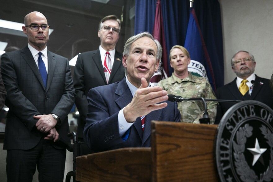 Gov. Greg Abbott speaks to media at a press conference regarding COVID on Feb. 27.