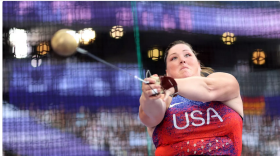 Deanna Price gets ready to unleash a throw at the Summer Olympics in Paris on August 6, 2024.