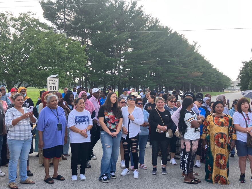 Laid-off Tyson workers and families affected by the Joslin plant closure listened to speakers at a rally and protest outside the plant Friday, Aug. 21, 2026.