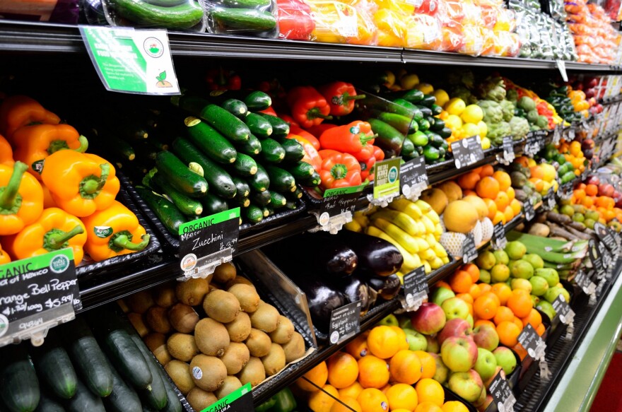 Fruits and vegetables in a grocery store