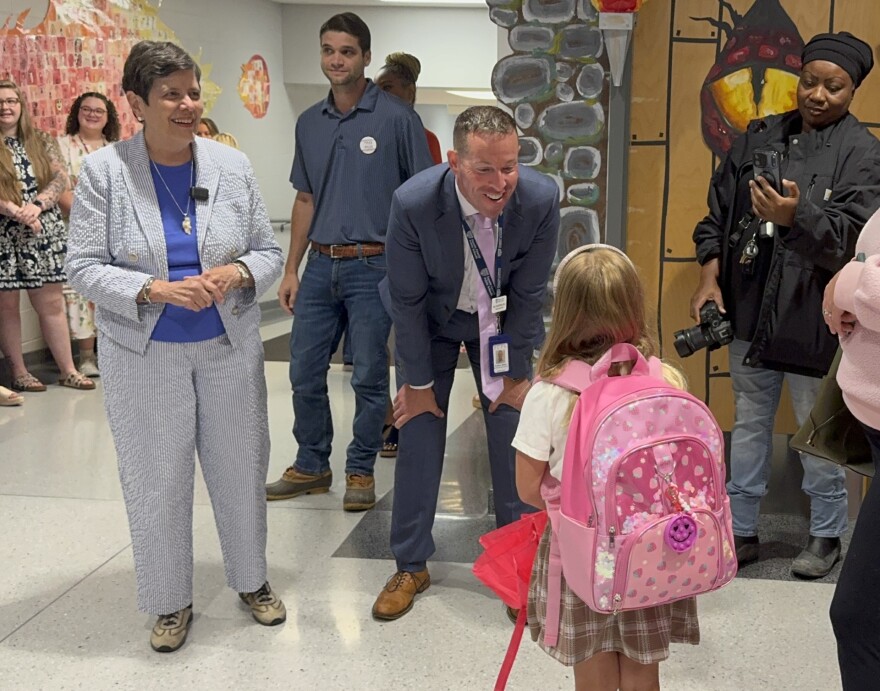 FCPS Acting Superintendent Dr. Bill Bradford and Lexington Mayor Linda Gorton welcome students to Deep Springs Elementary for their first day of the 2026-27 school year.