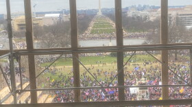 The view through the windows of Rep. James E. Clyburn's office as Trump supporters began to gather last Wednesday in front of the Capitol. The Washington Monument can be seen in the background. 