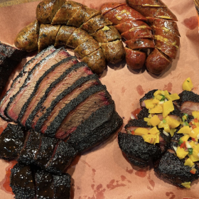 A barbecue platter at Gonzo's Smokehouse in Luling, Louisiana