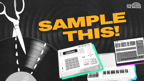 graphic with yellow text reading SAMPLE THIS! and scissors cutting a piece of a vinyl record, as well as a keyboard and a mixing table