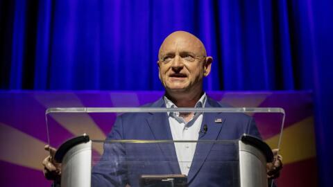 Sen. Mark Kelly, D-Ariz., addresses supporters at an election night event in Tucson, Ariz., Tuesday, Nov. 8, 2022.