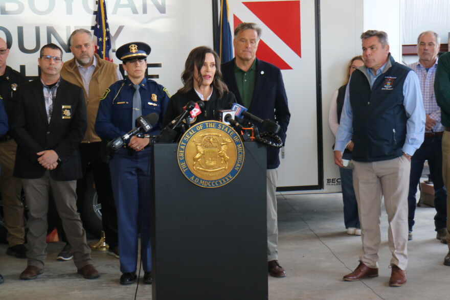 Gov. Gretchen Whitmer, along side various state and local officials, held a press conference at the Cheboygan Dam and Lock Complex on Thursday, April 16, 2026.